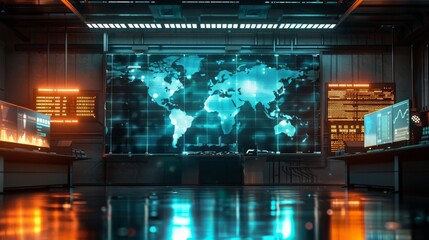 High-tech control room with illuminated world map on a digital screen, showcasing global connectivity and advanced technology. Concept of surveillance, data, and innovation.

