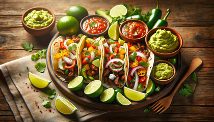 Traditional Mexican Taco Platter with Grilled Meat and Fresh Vegetables