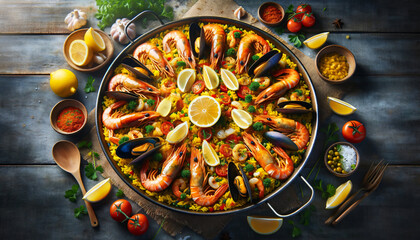 Traditional Spanish Paella Dish with Saffron Rice and Seafood