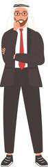 An Arab businessman in a suit and tie stands confidently with his arms crossed.