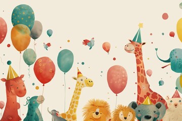 Birthday Animal Parade: Whimsical Illustration with Balloons