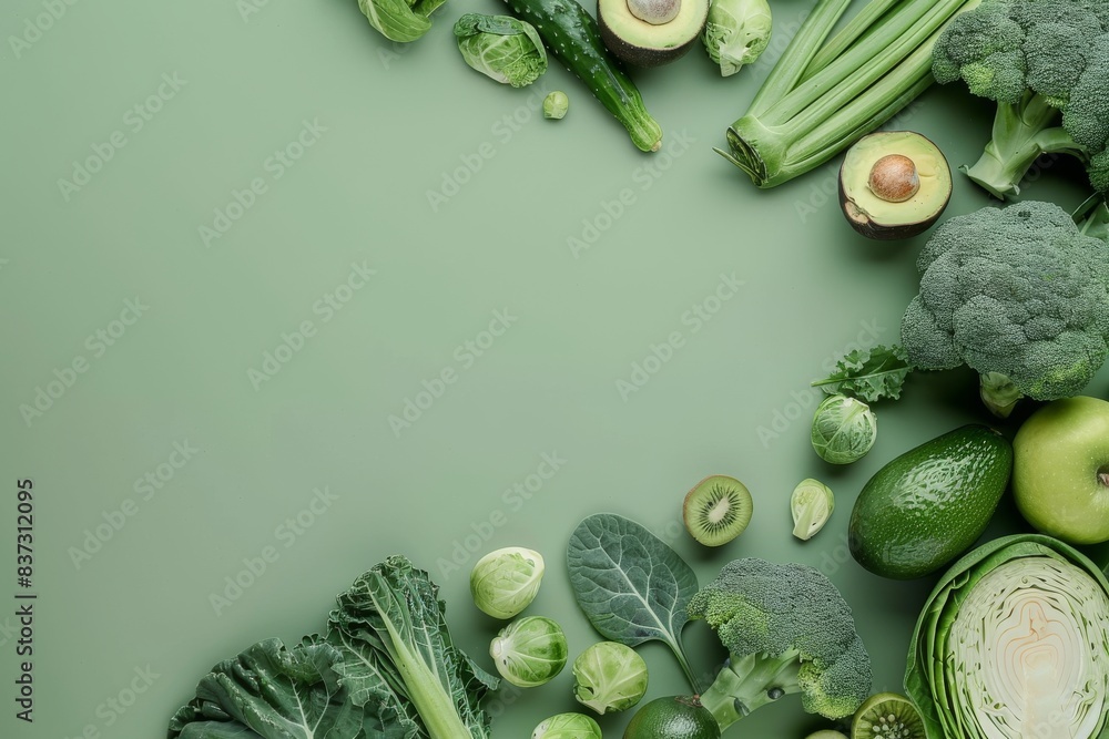 Wall mural Creative layout food concept made of green fruit and vegetables on green background flat lay: avocado, kale, broccoli, Brussels sprouts, kiwi, peppers, apple, cabbage top view with space for text.