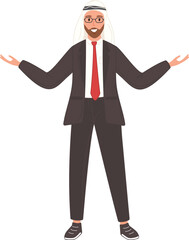 An Arab businessman stands confidently in a suit and tie, with his hands extended outward.