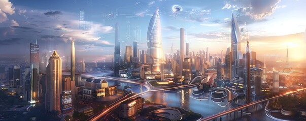Obraz premium Futuristic cityscapes with sleek skyscrapers, advanced transportation systems