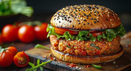 Close Up of A Juicy Burger With Sesame Seed Bun, Lettuce, Tomato, and Onion on a Wooden Cutting Board