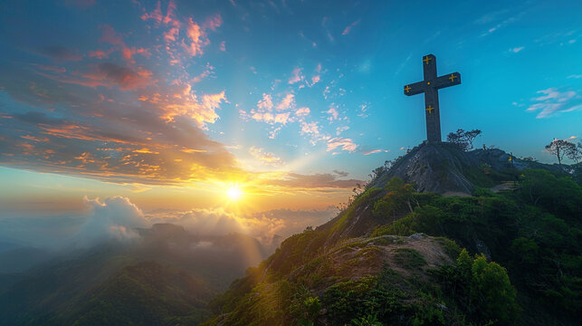 A Christian cross atop a high mountain, with the early morning mist rising around it and the first golden rays of the sun breaking through, highlighting the cross against a vibrant blue sky.