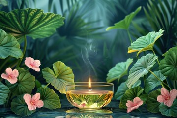 geranium aromatic oil in a bowl surrounded by pelargonium flowers as a concept for using natural methods of air healing, such as aromatherapy
