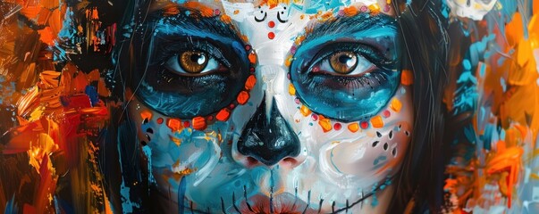 woman celebrating Muertos Day with intricate sugar skull calavera makeup and colorful flower crown. She wears a traditional Mexican outfit