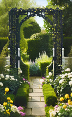 Victorian rise arch trellis in a garden, garden design for a wedding,
