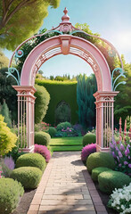 Victorian rise arch trellis in a garden, garden design for a wedding,