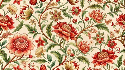 Vintage decorative bloom flowers seamless pattern for wallpaper with traditional Floral Chinoiserie in red and cream colors