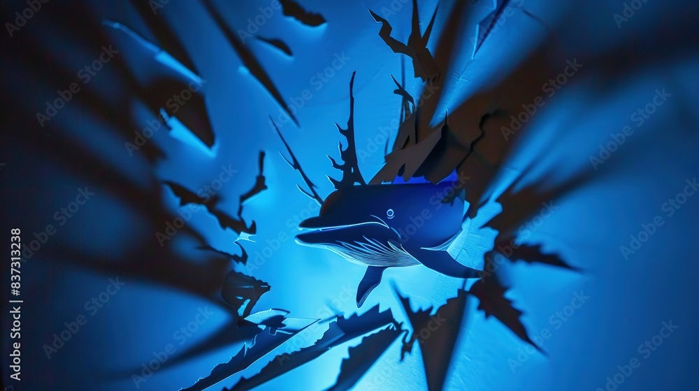Poster a close-up image of a clock with a shark on its face and a blue light in the background