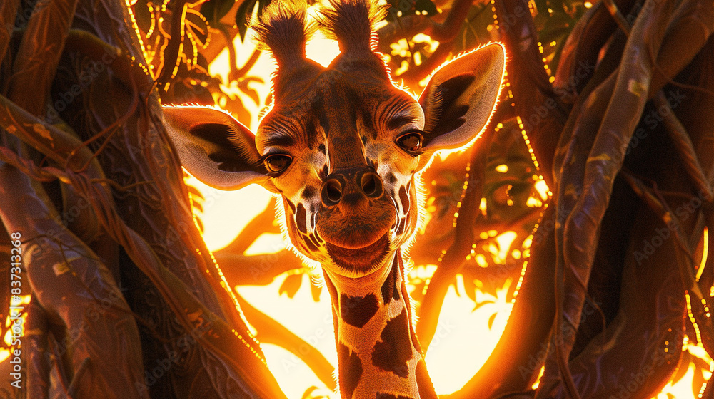 Poster a close-up of a giraffe's face in front of a tree with the sun behind it