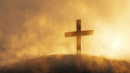 A Christian cross on a remote hill during a foggy sunrise, with the light diffusing through the fog to form a soft golden bokeh, enveloping the cross in a light that suggests the dawn of hope.