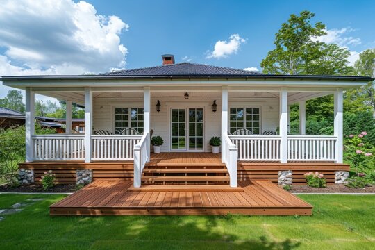 A New, White Modern Farmhouse With A Dark Shingled Roof And Black Window Frames. The Bottom Of The House Has A Light Rock Siding And Covered Front Porch.