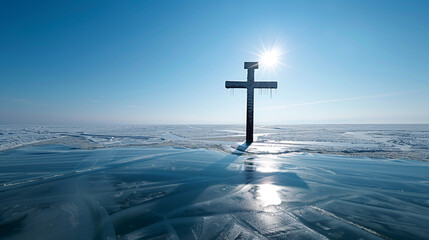 A Christian cross on the shores of a frozen lake, under a clear blue winter sky, with the ice reflecting the bright sunlight and the cross casting a crisp shadow on the ice.