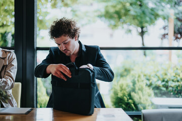 Young businessman organizing documents in a briefcase while sitting at a modern, bright cafe....