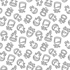 Love potion. Seamless pattern. Coloring Page. Stoppered glass bulb with heart. Aphrodisiac flask. Valentine's day. Hand drawn style. Vector drawing. Design ornaments.