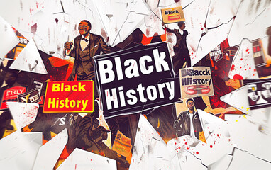 Digital cartoon logo with "Black History" protest signs, collage of iconic moments, set on a white fragmented background.
