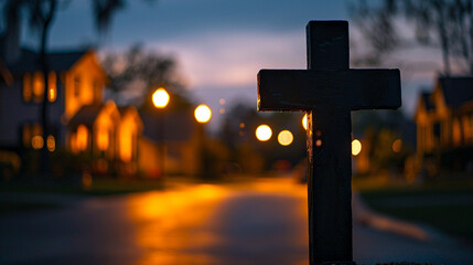 A Christian cross in a quiet suburban street at twilight, with porch lights and street lamps casting a homely golden bokeh, grounding the cross in a community setting.