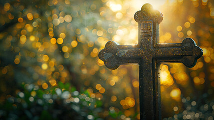 A Christian cross at the entrance to a forest, with the late afternoon sunlight streaming through the trees and creating a golden bokeh that seems to welcome visitors into a sacred space.