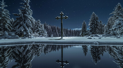 A Christian cross reflected in a still pond surrounded by snow-covered trees, under a clear night sky. The reflection and the actual cross create a symmetrical image of peace and solitude.