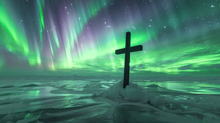 A Christian cross standing alone on a vast, icy tundra under the Northern Lights, with vivid green and purple lights dancing in the sky above the stark, silhouetted cross.