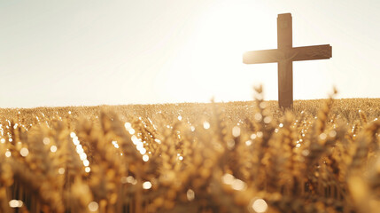 A Christian cross in a field of golden wheat at harvest, with the late afternoon sun casting a bright glow against a clear sky, emphasizing the cross amid the bounty of nature.