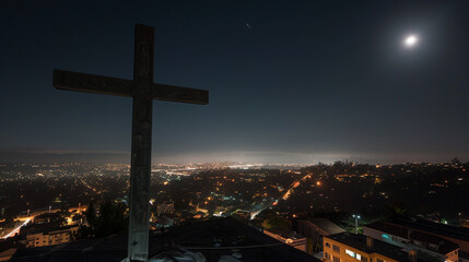 A Christian cross on a city rooftop during a clear night, with the city's lights below and a moonlit sky above, offering a juxtaposition of urban life and spiritual solitude.