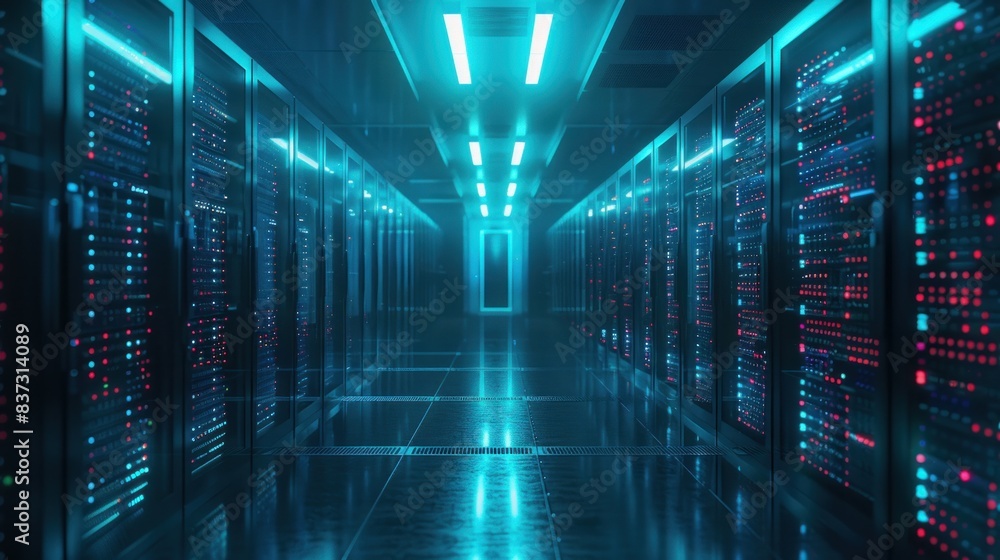 Poster 3d illustration of a server room in a data center with telecommunication equipment, representing big