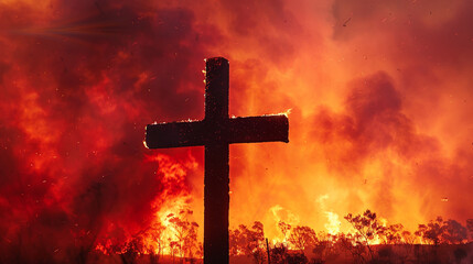 A Christian cross in a fiery red and orange sky during a bushfire, standing as a symbol of hope and resilience in the face of natural adversity.