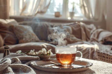 Cup of tea with steam on a serving tray in home interior of living room. Breakfast over sofa in morning. Cozy winter concept.