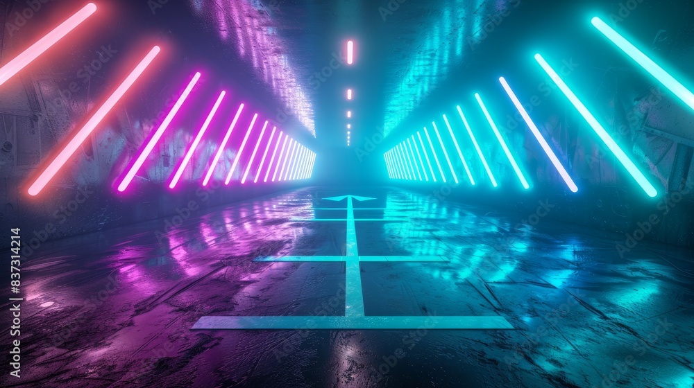Poster 3d render of a panoramic neon background with arrows pointing right.