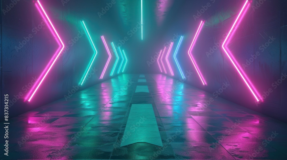 Poster 3d render of a panoramic neon background with arrows pointing right.