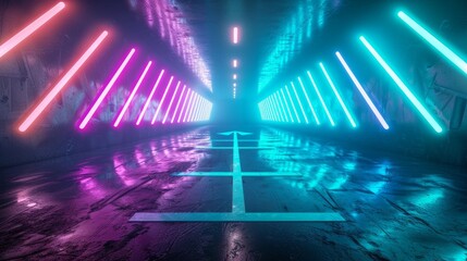 3D render of a panoramic neon background with arrows pointing right.

