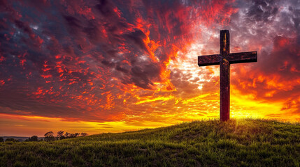 A Christian cross on a grassy hill during a vibrant sunset, with the sky painted in deep shades of orange, red, and purple, creating a backdrop of intense color and emotion.