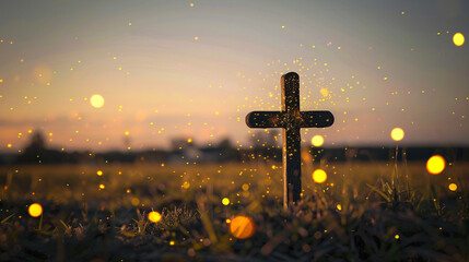 A Christian cross on a peaceful prairie, with fireflies at dusk creating a natural golden bokeh effect around the cross, symbolizing hope and the beauty of nature.