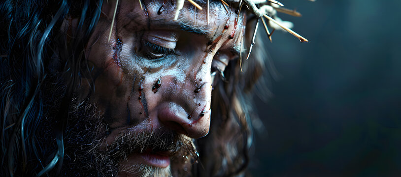 Imagen a detalle del rostro de jesucristo siendo crucificado con corona de espinas creencias religiosas