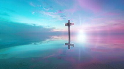 A surreal image of a Christian cross floating above a calm lake, reflecting brightly in the water. The sky is a gradient of twilight blues and purples, adding a mystical aura to the scene.