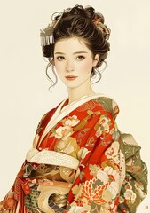 A beautiful Japanese woman in a red kimono