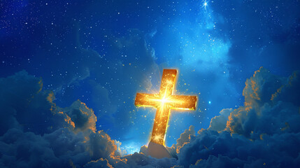 A vivid scene of a Christian cross glowing with a bright, golden light against a deep blue twilight sky filled with stars. 