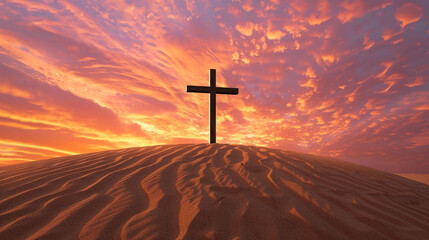 imagine: A Christian cross atop a sand dune, with a breathtaking sunset creating a backdrop of fiery oranges and soft purples, casting long shadows on the undulating sand.