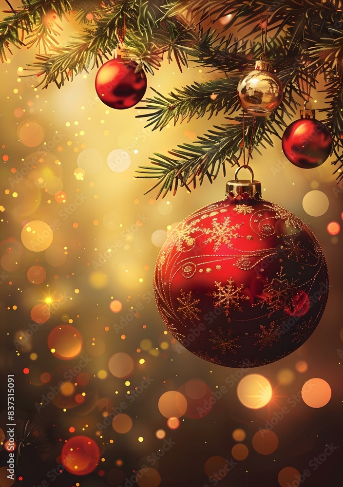 Poster red christmas ball hanging on a fir tree branch with bokeh lights in the background