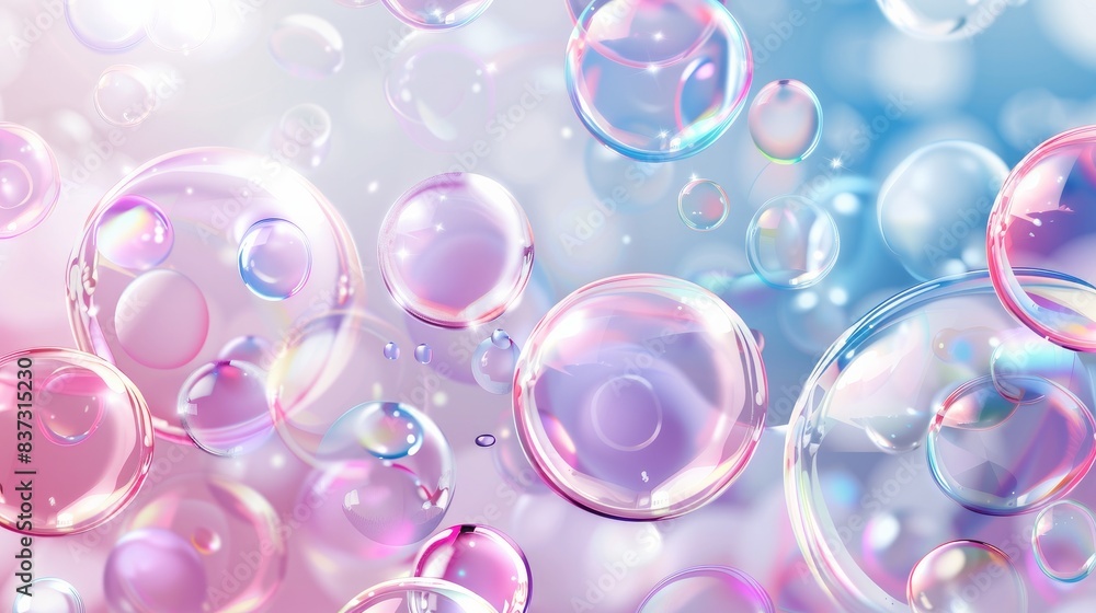 Poster background with realistic balls and transparent glossy bubbles.