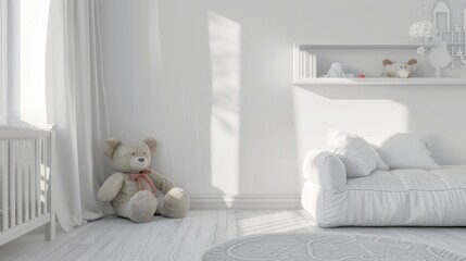 White cozy children room interior background, Generative AI.