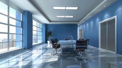 Interior of an office with blue decor.

