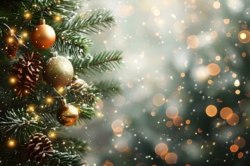 Christmas tree with golden decorations shining in lights and snowflakes
