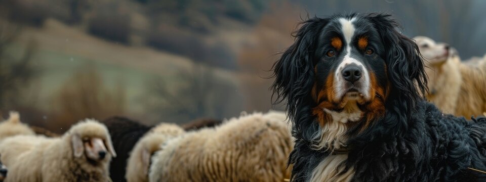 Banner of Bulgarian shepherd  dog (The Karakachan dog) leading his sheep flock at forest close up detail.