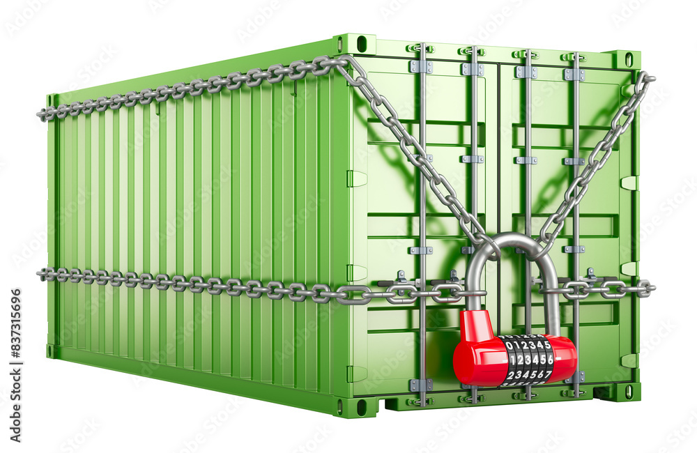 Poster cargo container with chain around and combination padlock. insurance and protect freight transportat