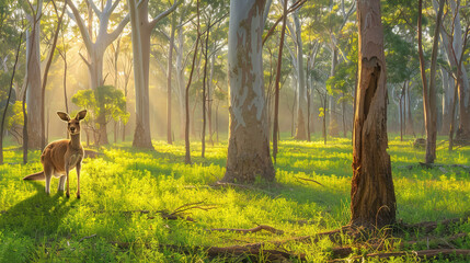   A deer stands in the center of a forest, bathed in sunlight filtering through the foliage beyond the frame